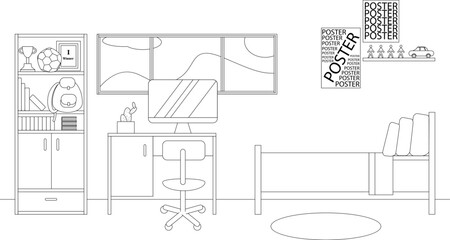 Vector Line Illustration of Interior of Bedroom