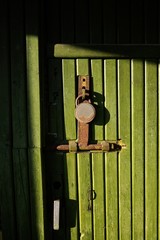 Green wooden door with key lock