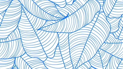 Foto auf Glas Foliage seamless pattern, Philodendron orange leaves line art ink drawing in blue and white © momosama