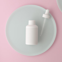 Clean rose modern minimal design. Cosmetic dropper bottle for liquid, cream, gel, lotion. Beauty product package, blank template of white plastic jar. 3d illustration.