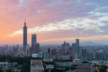 Sunset Aerial view of the Taipei 101 and cityscape from Xiangshan