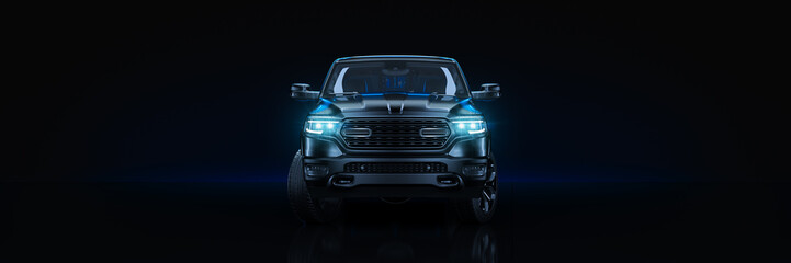 Sports car, studio setup, on a dark background. 3d rendering © lchumpitaz