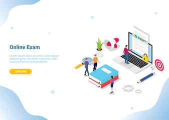 isometric 3d online exam or course concept for website template banner landing homepage - vector - obrazy, fototapety, plakaty