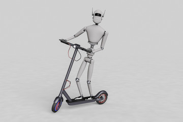 A robot is surfing on an electric scooter (3d rendering)