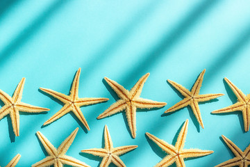 Fototapeta na wymiar Abstract marine sea background. Turquoise paper background with starfishes, hard light and shadow. Concept Creative flat lay Top view Copy space