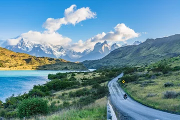 Printed kitchen splashbacks Cordillera Paine Beautiful panoramic view of stone road with aqua blue Pehoe lake and background of nature cuernos mountains peak with cloud in autumn, Torres del Paine national park, south Patagonia, Chile