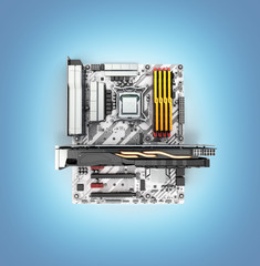 Motherboard complete with RAM and video card isolated on blue gradient background 3d render
