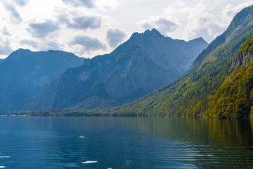 Naklejka na ściany i meble Koenigssee lake with Alp mountains, Konigsee, Berchtesgaden National Park, Bavaria, Germany