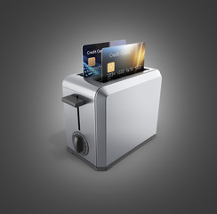 Modern concept of fast loans and payments Credit cards in the toaster isolated on black gradient background 3d render