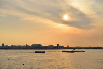 View of the Neva river and Vasilievsky island at sunset.