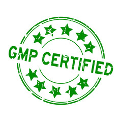 Grunge green gmp certified word with star icon round rubber seal stamp on white background