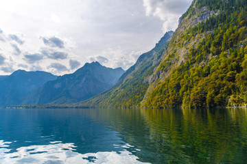 Fototapeta na wymiar Koenigssee lake with Alp mountains, Konigsee, Berchtesgaden National Park, Bavaria, Germany