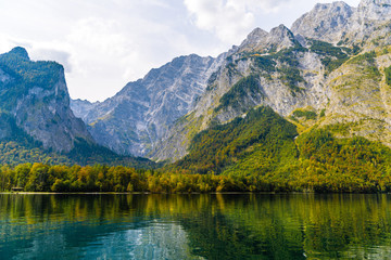 Koenigssee lake with Alp mountains, Konigsee, Berchtesgaden National Park, Bavaria, Germany