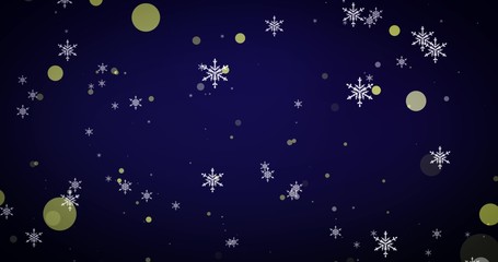 Golden, snowflakes and bokeh lights on the blue Merry Christmas background. 3D render