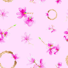 Set of plum flowers,twigs and wreath. Watercolor illustration isolated on red background.Seamless pattern