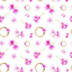 Set of plum flowers,twigs and wreath. Watercolor illustration isolated on white background.Seamless pattern