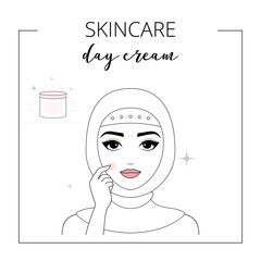 Woman take care about face. Skincare, applying day cream. Vector isolated illustrations set. 