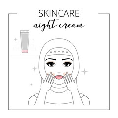 Woman take care about face. Skincare, applying night cream. Vector isolated illustrations set. 
