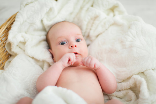 Newborn naked baby is lying in wicker basket. Basket on white wooden background. Newborn photo shoot