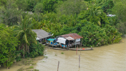 The boat in the river and blue sky.