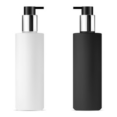Pump Dispenser Buttle. Isolated Beauty Care Container for Cosmetic Cream, Liquid. Black and White Plastic Packaging for Slkin Moisturizer, Lotion, Shampoo. 3d Package Template Mockup. Realistic Can.