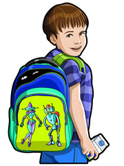 boy with backpack isolated on white