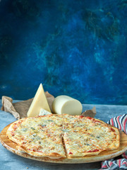 Slice of hot pizza large cheese lunch or dinner crust seafood meat topping sauce. with bell pepper...