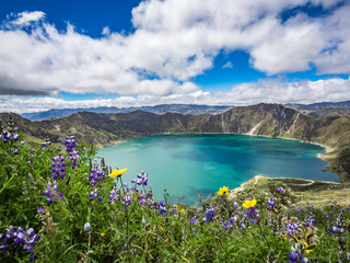 Beautiful panoramic scenery overlooking at Quilotoa lake at the crater rim in Quilotoa, Ecuador