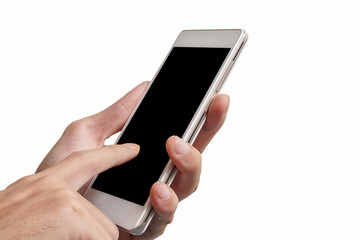 Close up of hand holding blank advertising smartphone advertisement for adjust your message isolate on white background, with clipping path.