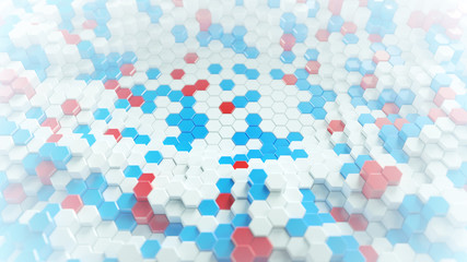 Hexagons of american flag colors 3D rendering
