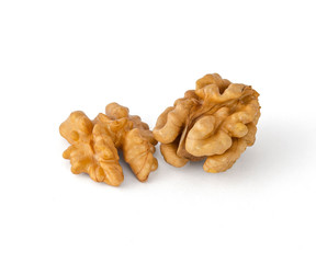 A pair of shelled walnuts look very similar to the convolutions of the brain on a white background