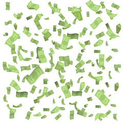 Isolated on white money rain fall earnings luck fortune banknote flying floating confetti 3d realistic design vector illustration