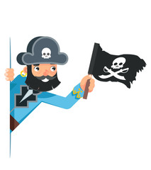 Skull flag sea dog pirate buccaneer filibuster corsair look out corner concept cartoon character flat design vector illustration