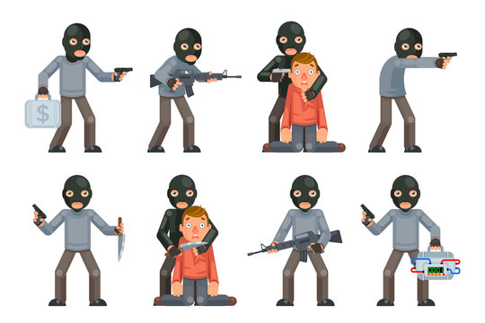 Terror danger risk soldier hostage threat villain terrorist weapon attack criminal character cartoon flat design isolated set vector illustration