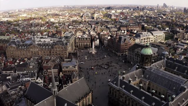 The Paleis op de Dam in Amsterdam, Netherlands filmed in an aerial shot at daytime.