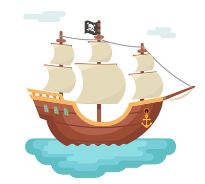 Wooden boat pirate buccaneer sailing filibuster bounty corsair journey sea dog ship game icon isolated cartoon flat design vector illustration