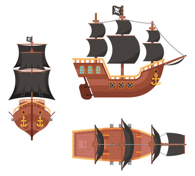 Wooden pirate buccaneer filibuster corsair sea dog sailing ship game icon isolated on white flat design vector illustration