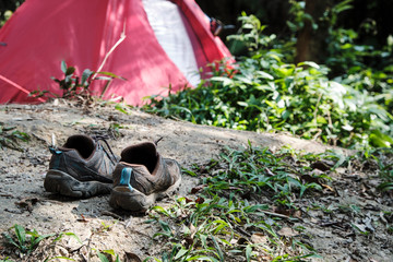 Shoes that are stained with mud that jungle came hard. Nature tourism