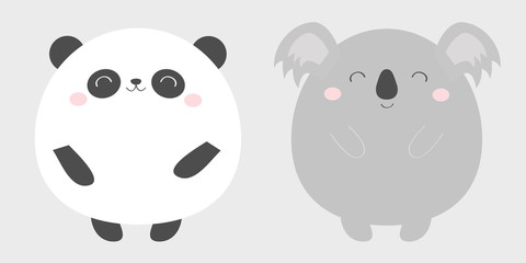 Panda Koala bear round icon set. Black and white. Kawaii animal. Cute cartoon character. Funny baby face with eyes, nose, ears. Kids print. Love Greeting card. Flat design. Gray background.