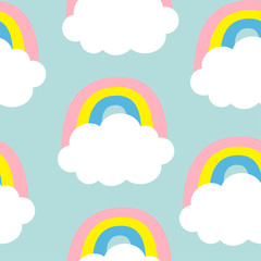 Cloud Colorful Rainbow. Seamless Pattern. Cute cartoon kawaii funny baby kids decor. Wrapping paper, textile template. Nursery decoration. Blue background. Flat design.
