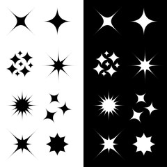 Stars Sparkles sign symbol shape set. Cute collection. Decoration element. Black and white background. Flat design.