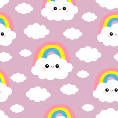 Seamless Pattern. Cloud Rainbow. Funny face head. Cute cartoon kawaii funny baby character. Kids decor. Wrapping paper, textile template. Nursery decoration. Violet background. Flat design.