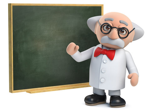 3d Scientist character teaching at a chalkboard