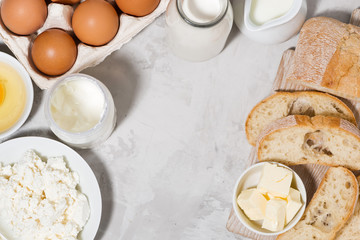 fresh farm dairy products and bread, top view
