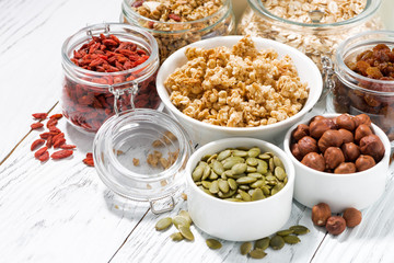 fresh ingredients for healthy breakfast on white table