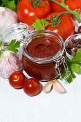 fresh tomato sauce and ingredients, vertical top view