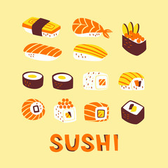 Collection with Different Types of Sushi and Rolls. Hand Drawn Vector Illustration.