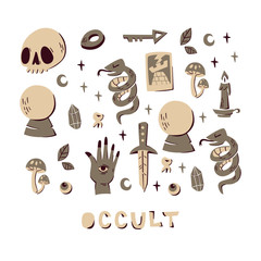 Collection with Magic Elements: Skull, Tarot Card, Crystal Ball, Snake, Knife and etc.