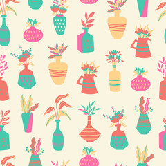 Vases Seamless Background. Hand Drawn Vector Illustration.