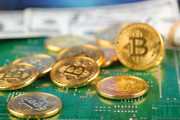 Encrypted currency bitcoin still life close-up